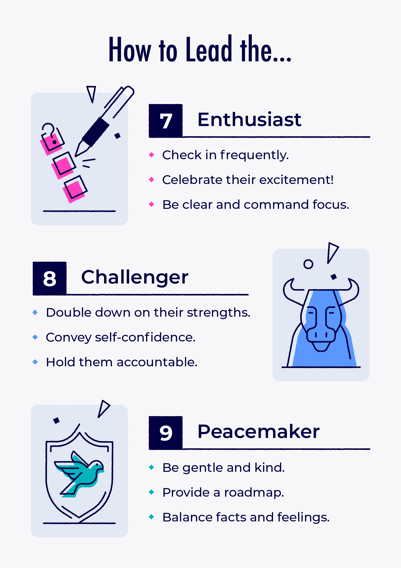 How to lead common work personalities: Enthusiast, challenger, and peacemaker.