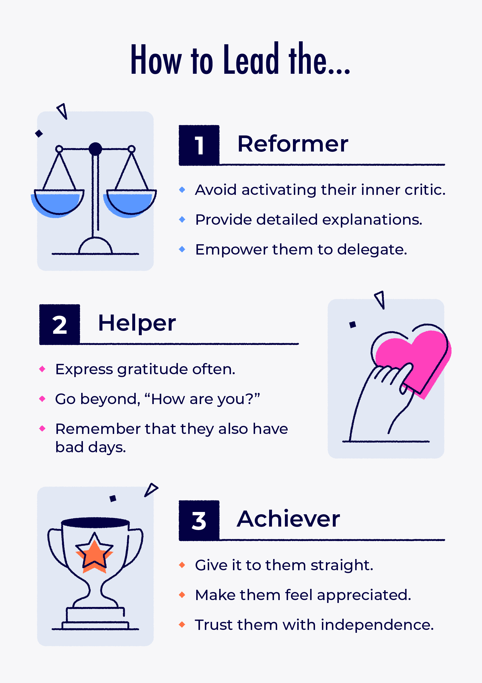 How to lead common work personalities: Reformer, helper and achiever.